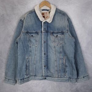 Levis Jacket Mens 2XL Blue Sherpa Lined Denim Trucker Faux Fur Collar Insulated